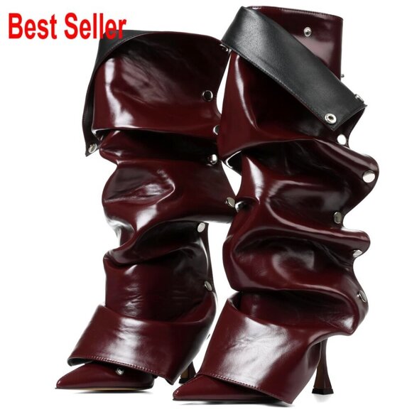 Shoes - Suede Knee High Boots Stiletto Heel Pointed Toe Slouchy Wide Calf